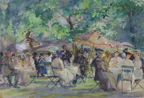 B.S Pedder, watercolour of figures in a garden cafe, 26.5 x 39cm